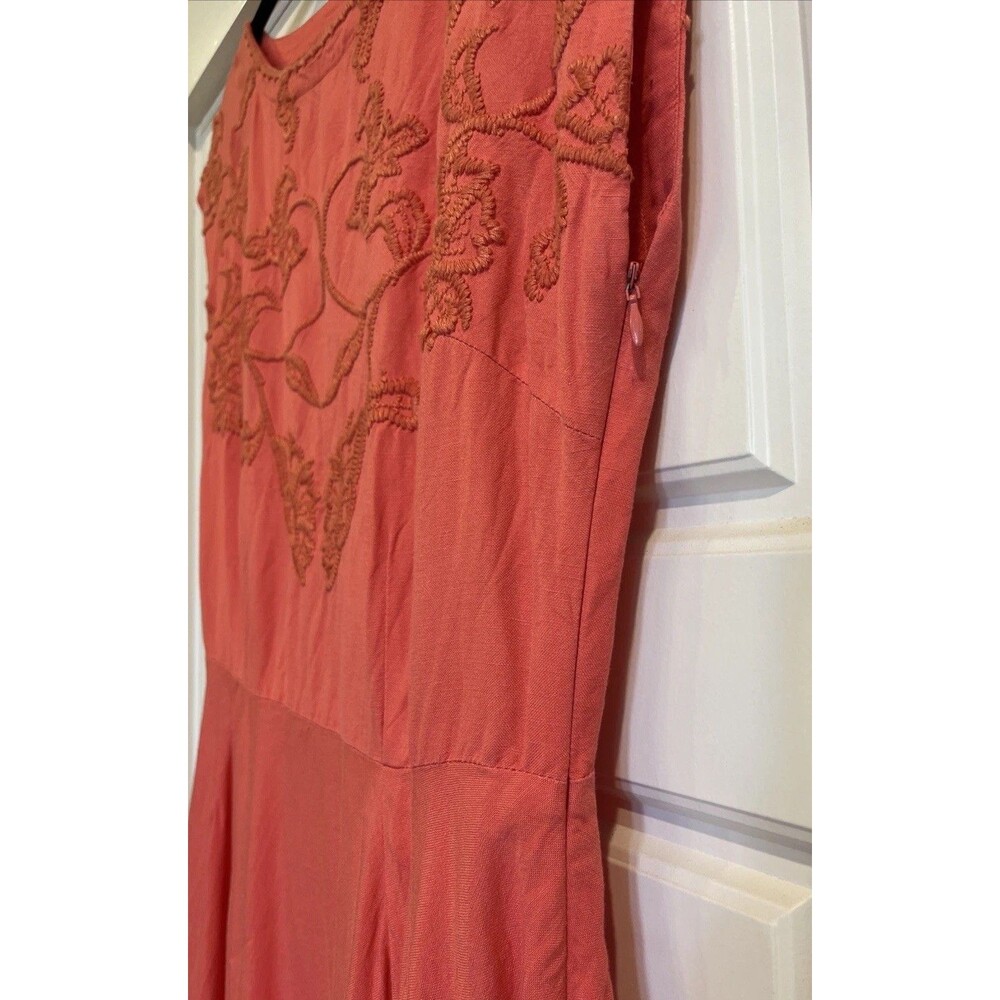 Isaac Micah LIVE! Midi A-line Dress, Size 8, Linen, Embroidery, Peach Pink - Picture 8 of 14